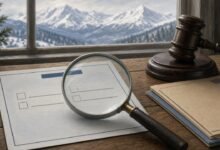 Illustration of a ballot with two matching blank name lines under a magnifying glass beside a judge's gavel, with snowy Alaska mountains through a window