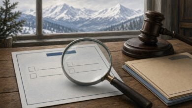 Illustration of a ballot with two matching blank name lines under a magnifying glass beside a judge's gavel, with snowy Alaska mountains through a window