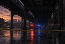 Illustration of police tape and emergency lights under an elevated train track at dusk, with tents and a fallen bicycle nearby
