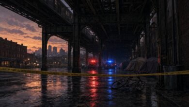 Illustration of police tape and emergency lights under an elevated train track at dusk, with tents and a fallen bicycle nearby