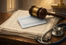 Illustration of a gavel resting on a blank health insurance card, work-requirement forms and a stethoscope