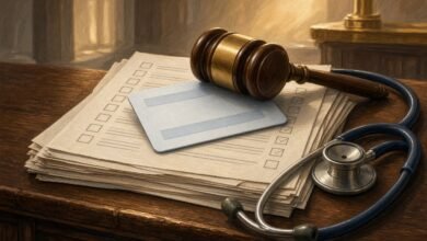 Illustration of a gavel resting on a blank health insurance card, work-requirement forms and a stethoscope