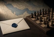 Illustration of a sealed envelope with a blue wax seal beside a chessboard, with a map of the Persian Gulf region in the background