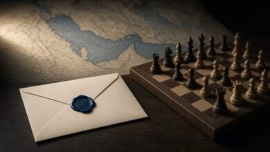 Illustration of a sealed envelope with a blue wax seal beside a chessboard, with a map of the Persian Gulf region in the background