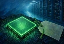 Illustration of a glowing computer chip with a blank price tag in front of data center server racks