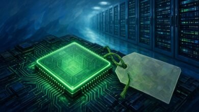 Illustration of a glowing computer chip with a blank price tag in front of data center server racks