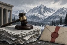 Illustration of a gavel on a stack of ballots beside a sealed certification envelope against Alaska mountains