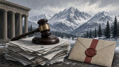 Illustration of a gavel on a stack of ballots beside a sealed certification envelope against Alaska mountains