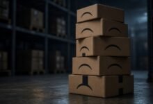 Stack of brown cardboard shipping boxes in a dim warehouse, each printed with a curved arrow logo turned into a frown