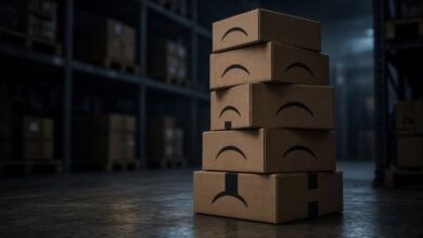 Stack of brown cardboard shipping boxes in a dim warehouse, each printed with a curved arrow logo turned into a frown