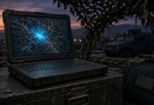 Illustration of a rugged black laptop on an equipment crate at a military field post at dusk
