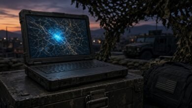 Illustration of a rugged black laptop on an equipment crate at a military field post at dusk