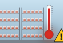 Illustration of a refrigerated warehouse with shelves of unbranded wrapped meat packages, a large thermometer rising into the red zone and a warning sign, symbolizing a food recall over storage temperatures.