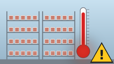 Illustration of a refrigerated warehouse with shelves of unbranded wrapped meat packages, a large thermometer rising into the red zone and a warning sign, symbolizing a food recall over storage temperatures.