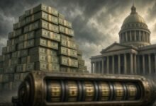 Illustration of stacked currency bundles beside a domed government building and a debt counter