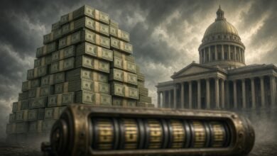 Illustration of stacked currency bundles beside a domed government building and a debt counter