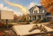 Illustration of a suburban house with a key and percent-sign keychain on mortgage papers