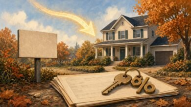 Illustration of a suburban house with a key and percent-sign keychain on mortgage papers