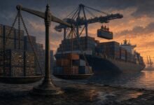Illustration of a cargo port with containers stacked on a scale tipped toward imports