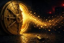 Illustration of a cracked digital vault spilling glowing coins into a dark network