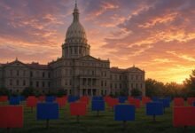 Michigan State Capitol at sunset with red and blue campaign signs on the lawn