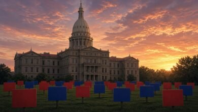 Michigan State Capitol at sunset with red and blue campaign signs on the lawn
