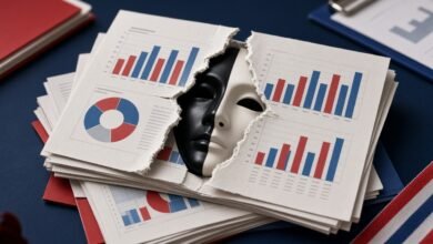 Torn poll survey sheets revealing a theater mask underneath