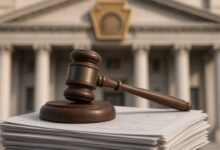 Illustration of a gavel on voter registration forms in front of a courthouse