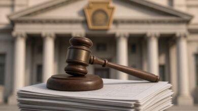 Illustration of a gavel on voter registration forms in front of a courthouse
