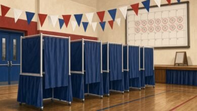 Illustration of empty voting booths in a gym polling place with patriotic bunting