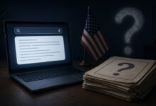 AI illustration of a laptop showing a search box and blurred AI answer beside an American flag and a stack of election papers marked with a question mark