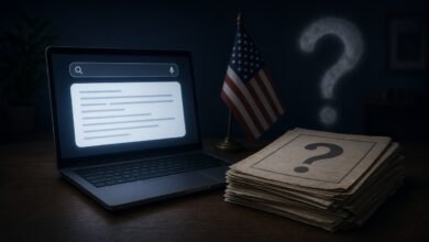 AI illustration of a laptop showing a search box and blurred AI answer beside an American flag and a stack of election papers marked with a question mark