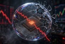 Illustration of a computer chip inside a cracking bubble with a red stock line plunging, against market screens