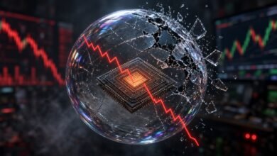 Illustration of a computer chip inside a cracking bubble with a red stock line plunging, against market screens