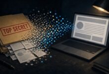 Illustration of a top secret folder whose papers dissolve into digital pixels flowing toward a laptop