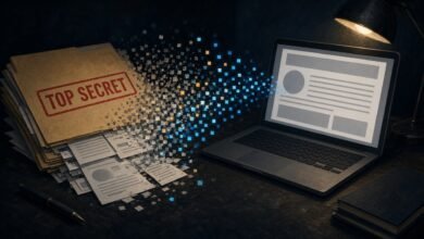 Illustration of a top secret folder whose papers dissolve into digital pixels flowing toward a laptop