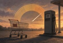 AI-generated illustration of a shopping cart beside a gas pump with a confidence gauge in the sky