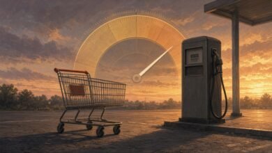 AI-generated illustration of a shopping cart beside a gas pump with a confidence gauge in the sky