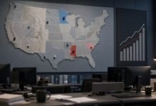 AI-generated illustration of a U.S. map on a newsroom wall with South Carolina, Mississippi and Minnesota highlighted
