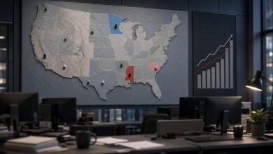 AI-generated illustration of a U.S. map on a newsroom wall with South Carolina, Mississippi and Minnesota highlighted