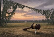 AI illustration of a judge's gavel on a golf tee at a worn driving range with torn netting and the Washington Monument in the distance