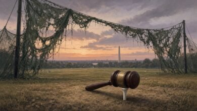 AI illustration of a judge's gavel on a golf tee at a worn driving range with torn netting and the Washington Monument in the distance