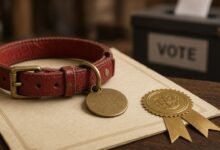 A worn red dog collar resting on an official certificate with a gold seal, a ballot box behind