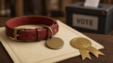 A worn red dog collar resting on an official certificate with a gold seal, a ballot box behind