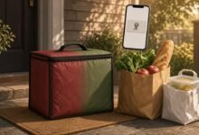 Illustration of a red-and-green insulated delivery bag merging into one on a doorstep beside a grocery bag of produce and a takeout bag, with a smartphone showing a single membership card