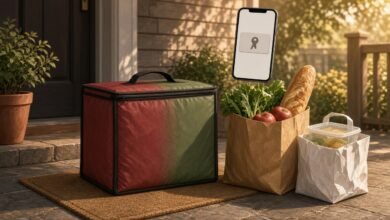 Illustration of a red-and-green insulated delivery bag merging into one on a doorstep beside a grocery bag of produce and a takeout bag, with a smartphone showing a single membership card