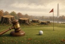 A judge's gavel on a putting green near cut tree stumps, with the Washington Monument in the distance
