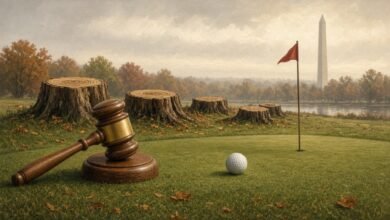 A judge's gavel on a putting green near cut tree stumps, with the Washington Monument in the distance