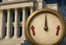 Illustration of a central bank building behind a gauge held steady at the middle with red arrows pointing up