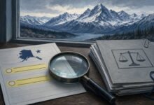AI illustration of a ballot with two highlighted lines under a magnifying glass beside an evidence folder, with Alaska mountains in the window